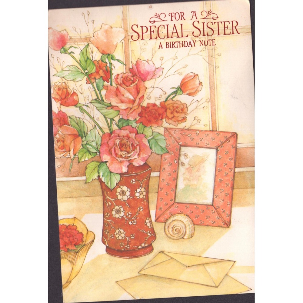 Vintage 1970s-80s Hallmark Sister Birthday Card Floral Roses Vase USA